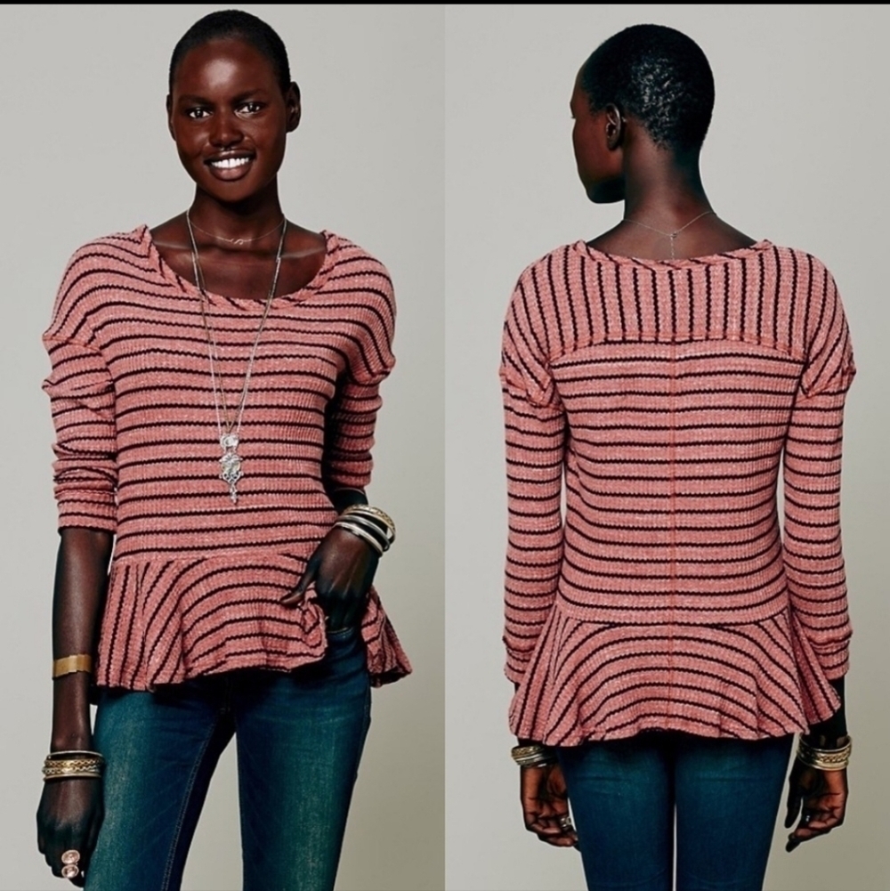 We The Free Auntie Em Striped Thermal Peplum Distressed Long Sleeve Top Size M